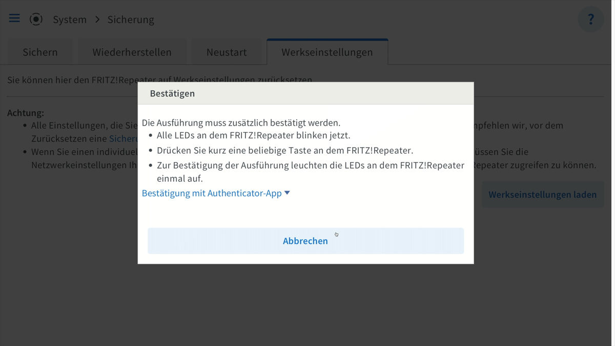  Fritz Repeater Hard-Reset bestätigen