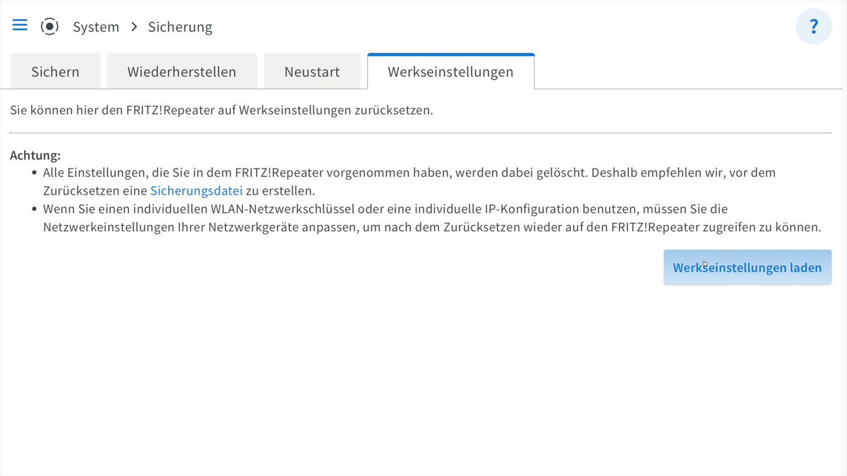  FRITZ!Repeater 1700 Werkseinstellungen laden