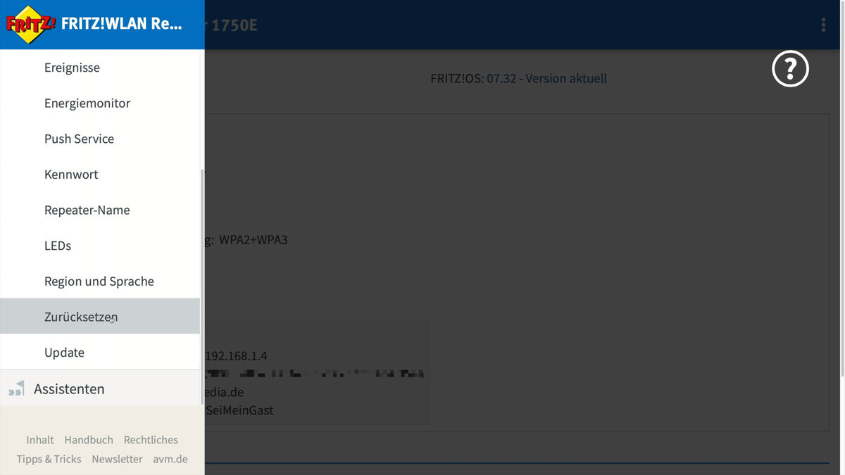 FRITZ!Repeater 1750E Zurücksetzen-Menü