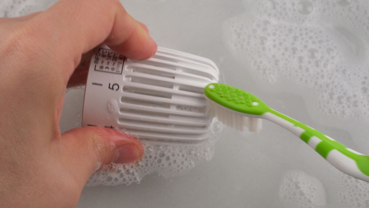 Heimeier Thermostatkopf Skalenkappe reinigen mit Zahnbürste in warmen Spülwasser Heimeier Thermostatkopf Skalenkappe reinigen mit Zahnbürste in warmen Spülwasser